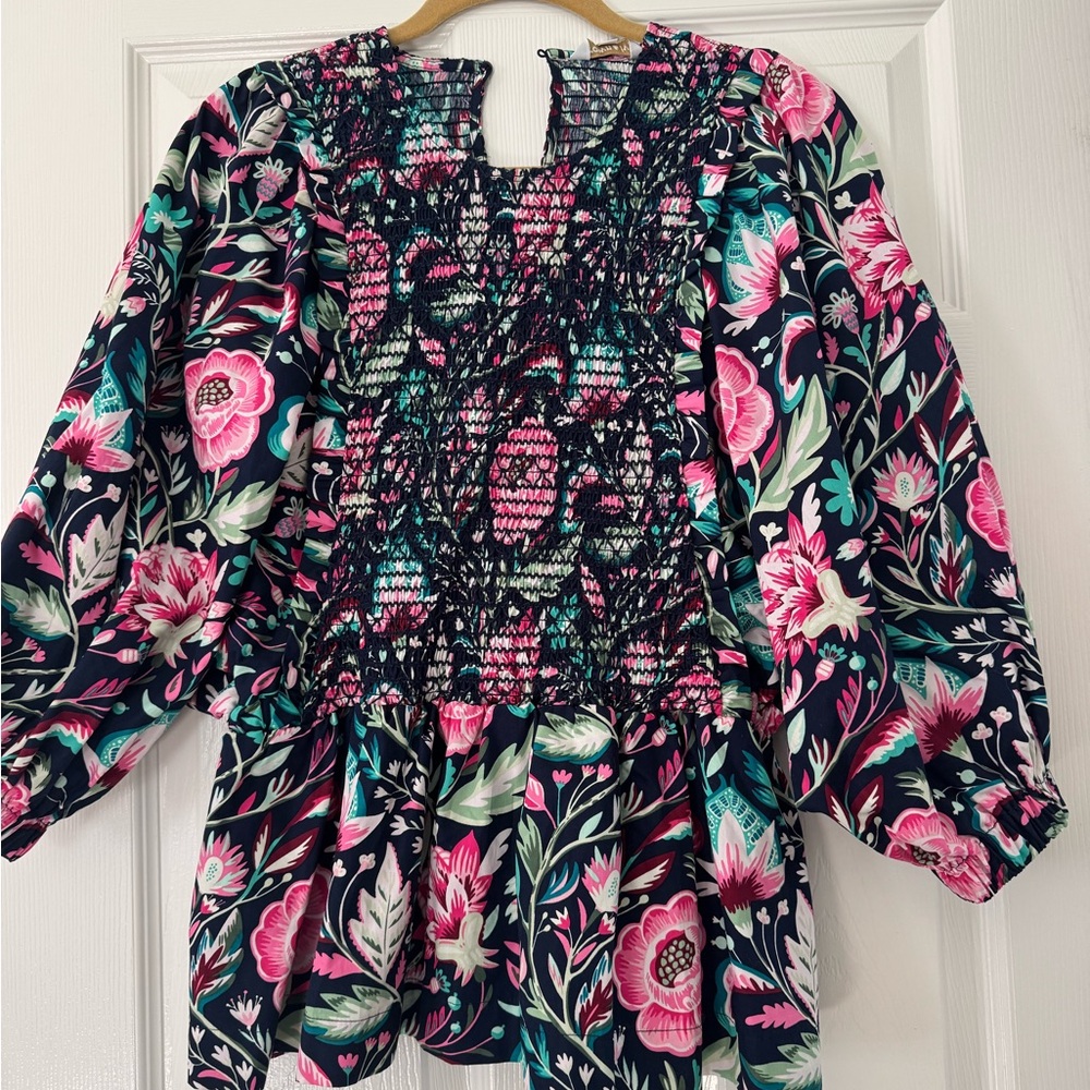crown & ivy Navy Floral Smocked Peasant Blouse - Pink & Teal